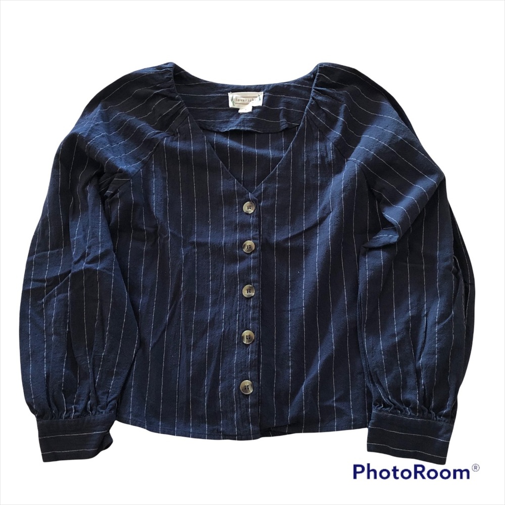 LOVERICHE VNECK BUTTON UP BLOUSE LONG SLEEVE NAVY WITH STRIPES SHIRT SIZE SMALL - Picture 4 of 6